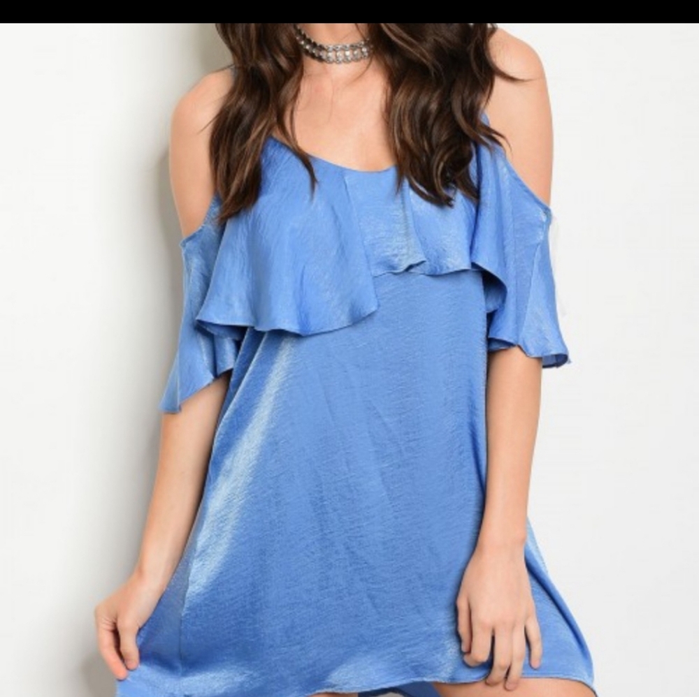 Blue, cold shoulder mini dress